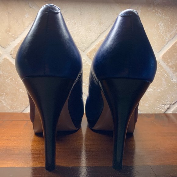 NINE WEST Blue Leather Pink Peep Toe Heels, Sz 7 - Picture 3 of 10